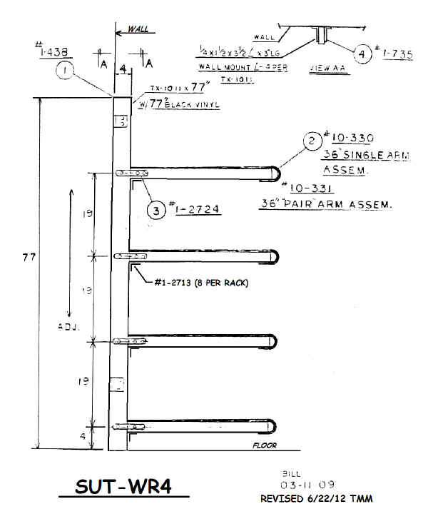 Trailex WR4  Wall Rack Outline Drawing